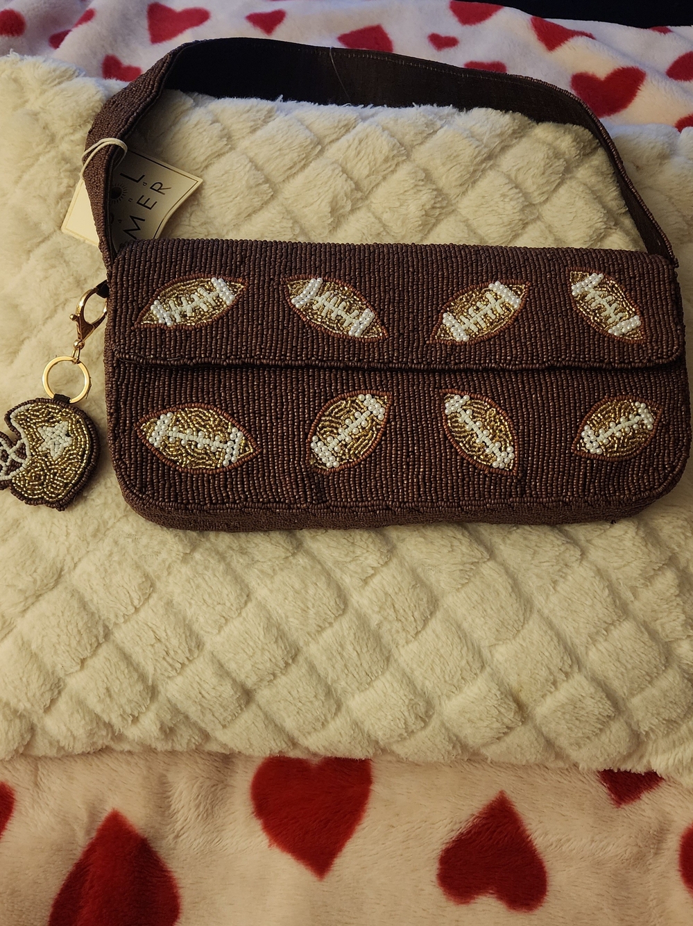 Beaded Brown Football Pattern Shoulder Bag
